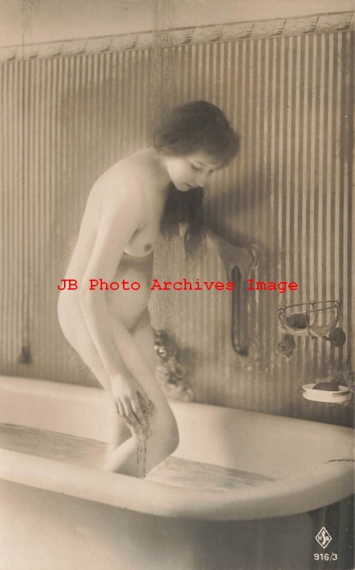 918749-Studio Shot, RPPC, Beautiful Risque Nude French Woman Standing in Bathtub