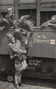 WW1 Era, AEF Troops, Loading on Train, :On To France,Kissing Girll,Old Postcard 