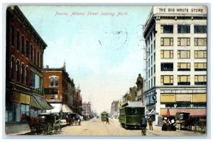 1910 Peoria Adams Street Looking North Streetcar White Store Illinois Postcard