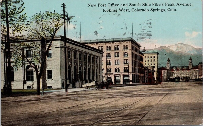 Colorado Springs CO Post Office South Side Pike's Peak Avenue c1913 Postcard H58