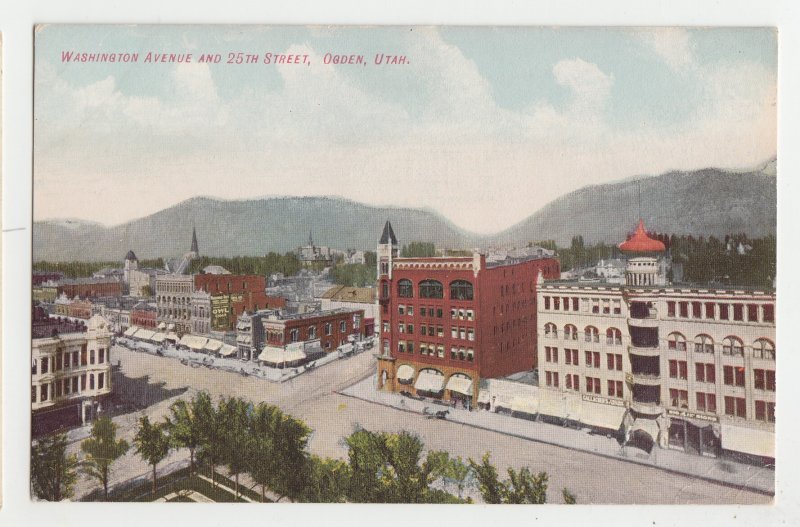 P2830, old postcard washington ave street birds eye scene ogden utah.