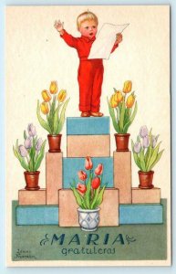 JENNY NYSTROM Artist Signed MARIA GRATULERAS Child & Tulips   Postcard