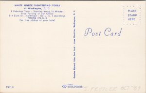 White House Sightseeing Tours Bus Washington DC Capitol Bldg Unused Postcard G14
