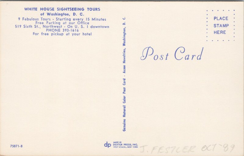 White House Sightseeing Tours Bus Washington DC Capitol Bldg Unused Postcard G14