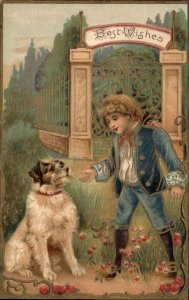 Little Boy in Blue with Terrier Dog c1910 Vintage Postcard