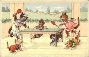 Fantasy Dressed Cats Play Ping Pong Table Tennis c1940s-50s Postcard