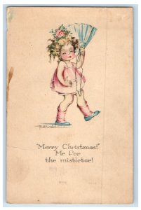 c1910's Merry Christmas For The Mistletoe Little Girl Cury Hair Fan Postcard 