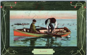 c1900s In Luck Young Men Fishing Ducsk Decoy Hunting Row Boat Bird Border A200