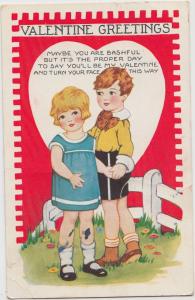 VALENTINE'S DAY Love Postcard Holiday Greetings 1936 Boy Girl Bashful 156