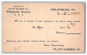 1900 Platt Barber Co. Wholesale Grocers Philipsburg Pennsylvania PA Postal Card