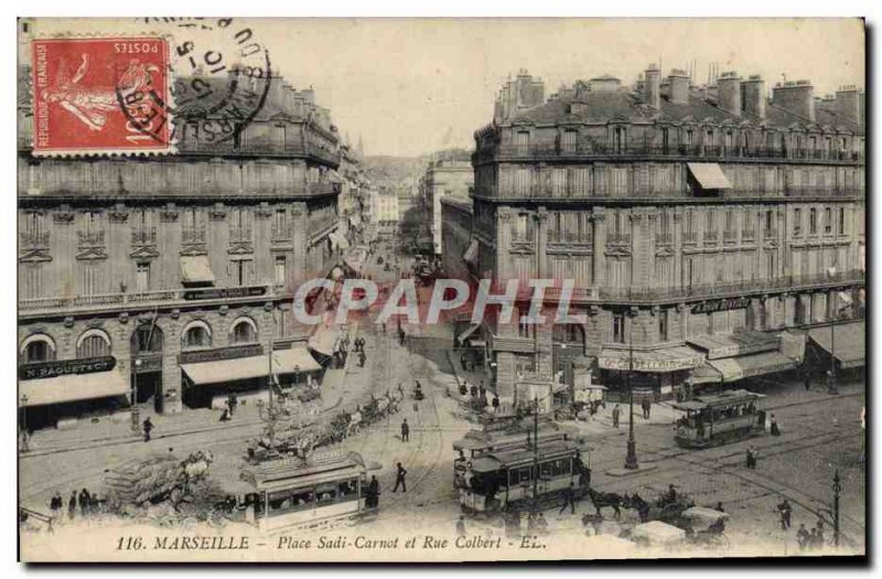Old Postcard Marseille Place Sadi Carnot and Rue Colbert Tram