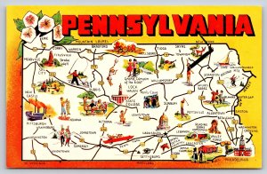 Pennsylvania~Large Letter State Map~Titusville~Lancaster~Drake Well~Vtg Postcard