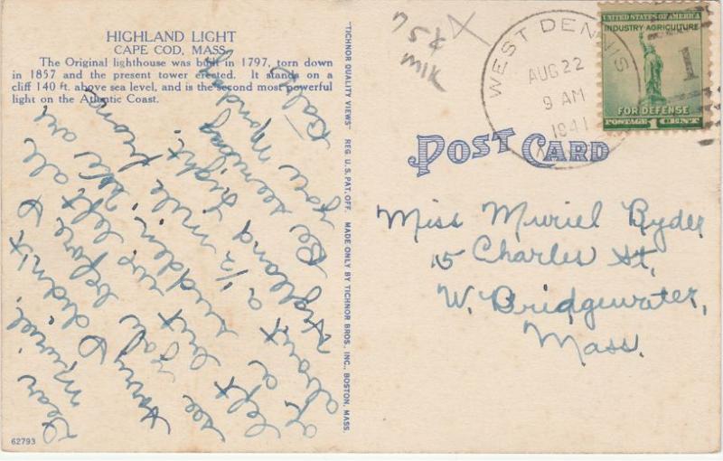 Highland Light House on Cape Cod MA, Massachusetts - pm 1941 - Linen