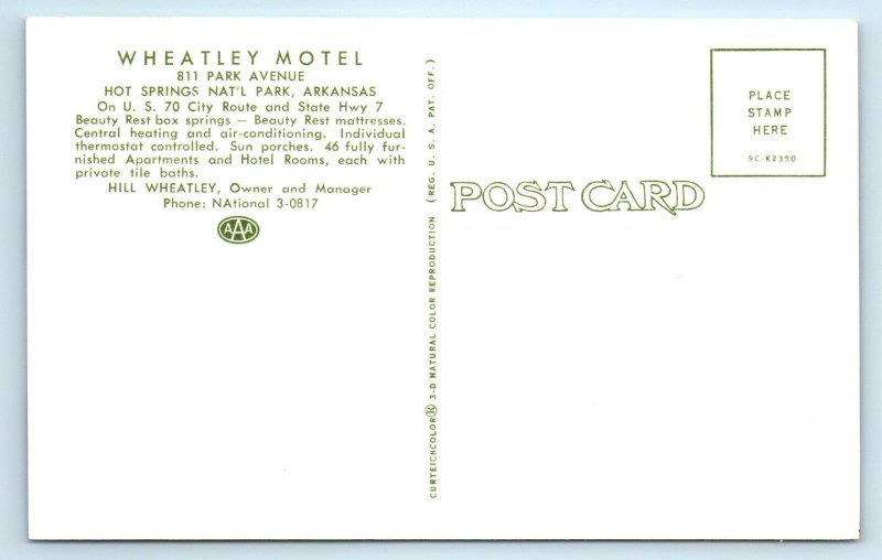 HOT SPRINGS NATIONAL PARK, AR ~WHEATLEY MOTEL c1950s Cars Roadside  Postcard