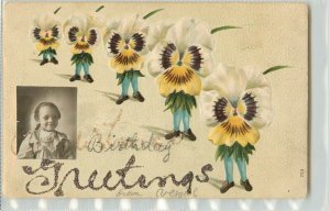 c1907 Birthday Postcard 635; Pansy Flowers w/ Legs, Photo Inset of Little Girl
