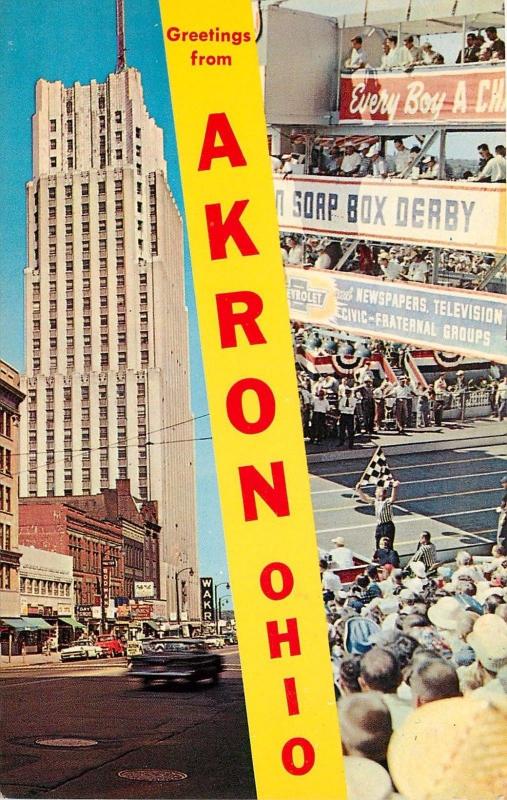 Akron Ohio Greetings National Tower WAKR Radio Soap Box Derby OH Postcard