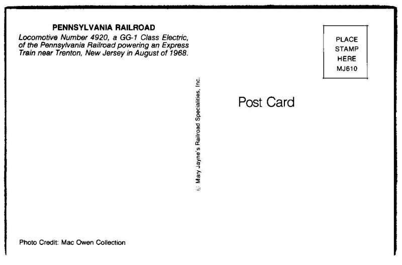 Vintage Railroad Train Locomotive Postcard - Pennsylvania Railroad 4920