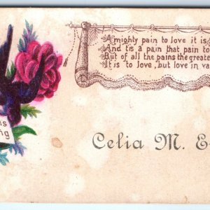 c1880s Celia Elgen Calling Trade Card w/ Love Poem Litho Flower Bird Visit C3