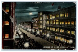 c1910 Seattle Night Second Avenue Classic Cars Moon Exterior Building Postcard