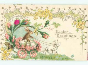 Pre-Linen Easter HUMANIZED BUNNY RABBIT GETS LAMBS TO PULL WAGON AB3416