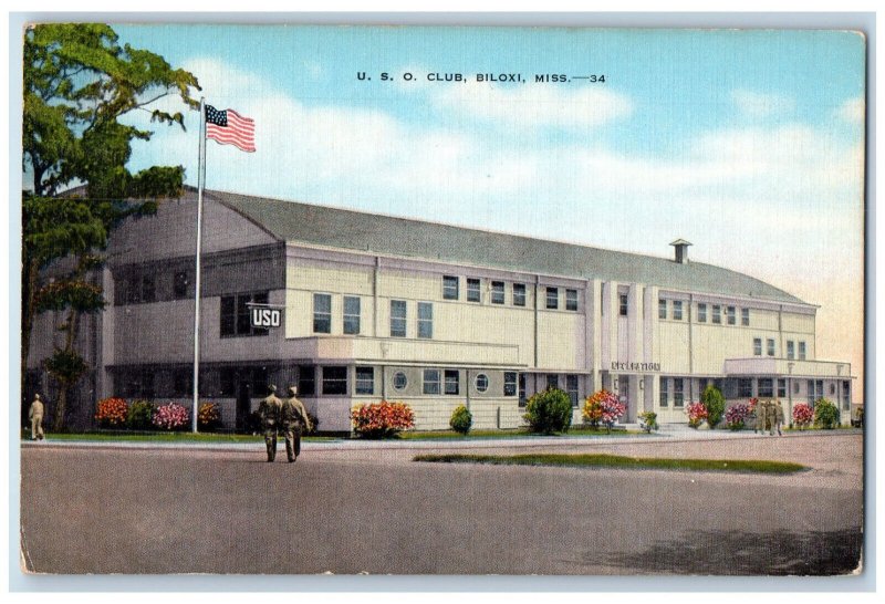 1944 U.S.O. Club Biloxi Mississippi MS Vintage Posted Natural Color Postcard 