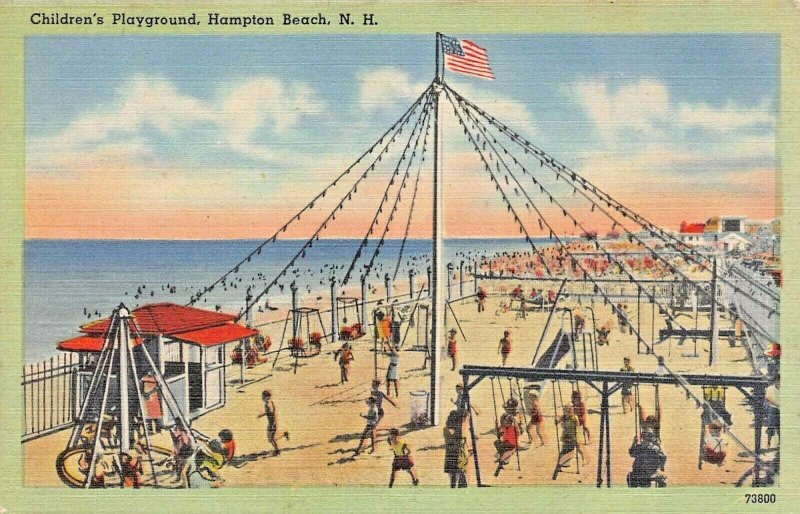 HAMPTON BEACH NEW HAMPSHIRE~CHILDREN'S PLAYGROUND-SWINGS-SLIDE~1944 PMK POSTCARD