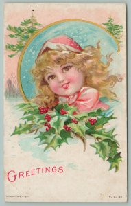 Christmas~Little Blonde Girl~Pink Hat n Bow~Snow~Circle Portal~Holly Spills Out