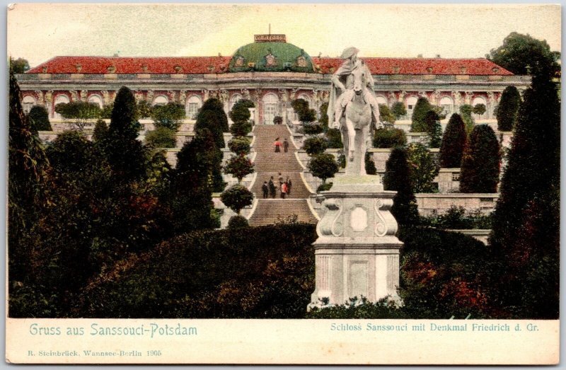 Gruss Aus Sanssouci Potsdam Germany Schloss Mit Denkamal Friedrich Postcard