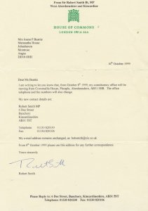 Robert Smith Scottish MP Liberal Democrat Hand Signed House Of Commons Letter