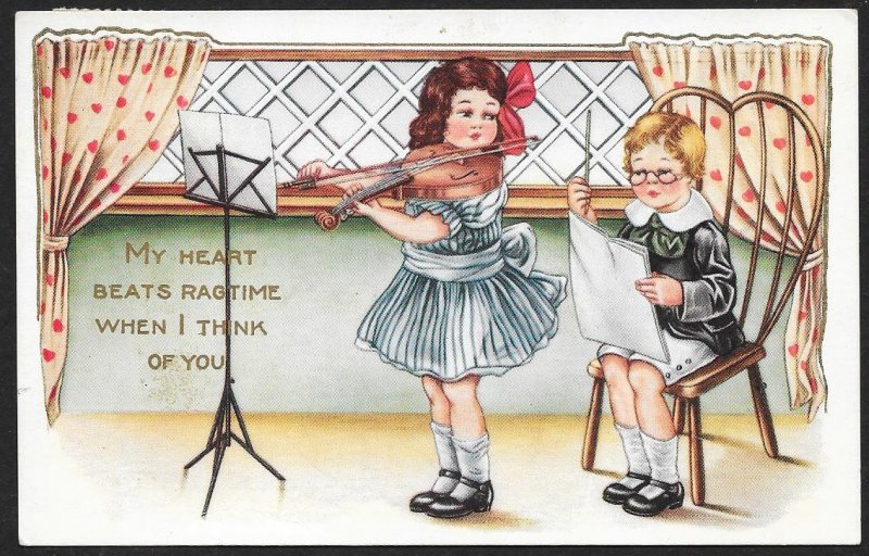 My Heart Beats Ragtime . . Girl Playing Violin Boy Conducting Used c1921