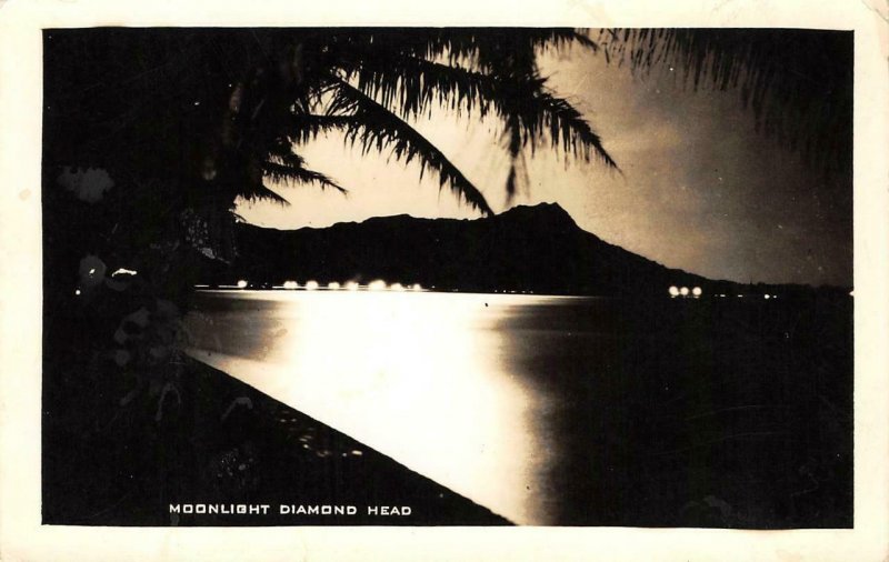 RPPC Moonlight Scene DIAMOND HEAD Oʻahu, Hawaii c1930s Vintage Photo Postcard