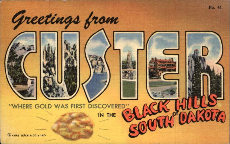 Custer Black Hills Gold SD South Dakota Large Letter Linen Postcard