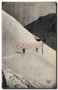 Old Postcard Mountaineering in the Alps in winter A dangerous crossing