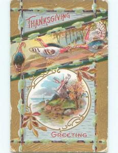 Pre-Linen thanksgiving LOTS OF TURKEYS WITH WINDMILL k8854