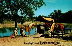 Greetings from Cache Creek British Columbia Canada Postcard Horses Campfire