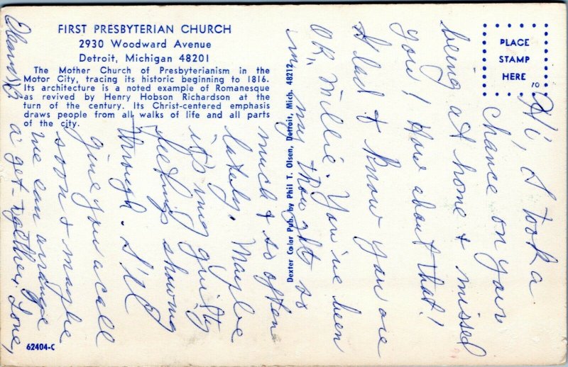 postcard Detroit, Michigan - First Presbyterian Church, 2930 Woodward Avenue