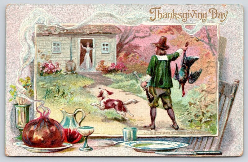 Thanksgiving Pilgrims~Father Brings Home Turkey~Dinner Table Border~Dog~TUCK