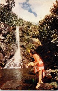 Hawaiian Waterfall Native Maiden Island Hawaii HI Postcard VTG UNP Wesco Vintage 