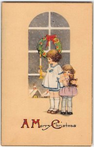 A MERRY CHRISTMAS Girls & Wreath Holiday Greetings 1910s Vintage Postcard