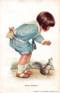 Child feeding Squirrel Artist Signed Gutmann Postcard AA31326