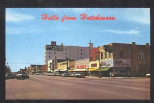 HELLO FROM HUTCHINSON KANSAS DOWNTOWN STREET SCENE OLD CARS POSTCARD