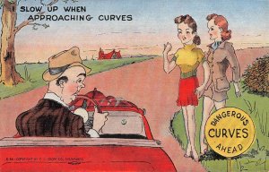 Dangerous Curves Ahead Risque Comic Car Pin-Up 1940s Roadside Vintage Postcard