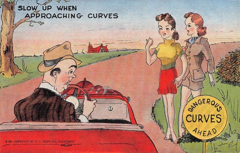 Dangerous Curves Ahead Risque Comic Car Pin-Up 1940s Roadside Vintage Postcard