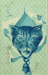 1880's Thread Sample Card Adorable Cat Bursting Through Paper P88