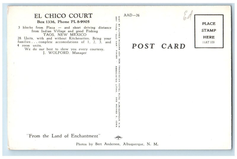 c1950's El Chico Auto Court At The Foot of Taos Mountains New Mexico NM Postcard 