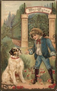 Best Wishes Little Boy in Blue with Terrier Dog c1910 Vintage Postcard