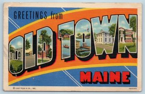 Postcard ME Large Letter Greetings From Old Town Maine Vintage Linen O16