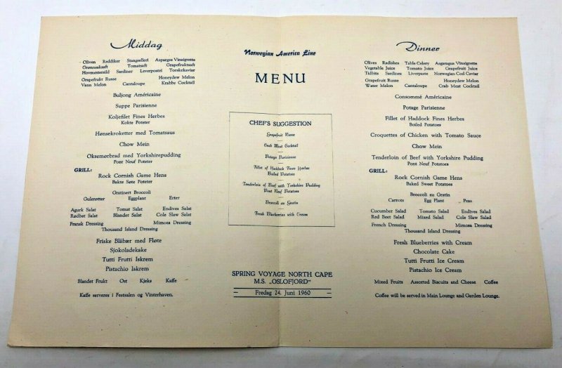 NAL Den Norske Amerikalinje Dinner Menu June 1960