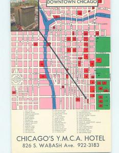 Unused Pre-1980 STREET MAP ON POSTCARD TO YMCA HOTEL Chicago Illinois IL F6971