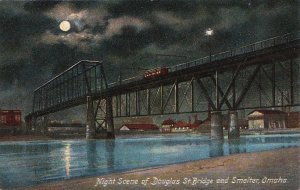 Postcard Night Scene Douglas St Bridge and Smelter Omaha Nebraska